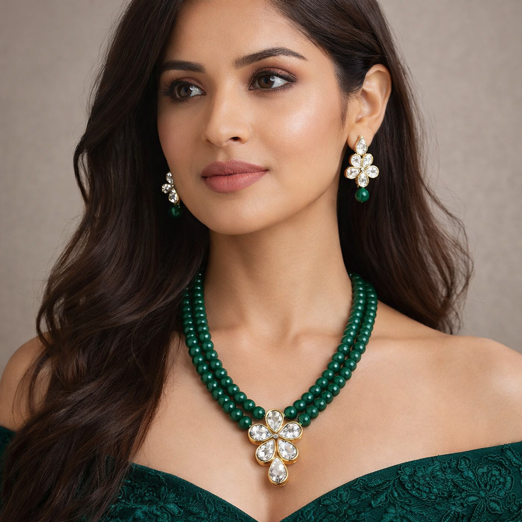 Elegant Kundan Necklace Set with Beads | Luxury Look Fashion Jewelry for Weddings & Parties
