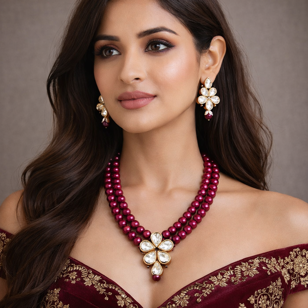 Elegant Kundan Necklace Set with Beads | Luxury Look Fashion Jewelry for Weddings & Parties - Image 2