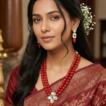Viva Jewels Regal Crimson Two-Layer Pearl Necklace Set – Sophisticated Gold-Plated Red Bead Mala with Crystal Floral Pendant and Matching Drop Earrings