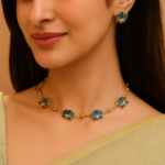Viva Jewels Royal Azure Gold-Plated Meenakari Lotus Necklace Set – Handcrafted Blue Enamel Floral Pendant with Matching Studs