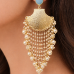Viva Jewels Gold-Finish Cascade Statement Earrings – Sky Blue Teardrop Studs with Pearl-Bead Waterfall and Textured Metallic Shield