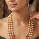 Viva Jewels Regal 24K Gold-Plated Triple-Strand Mala Set – Premium Layered Pearl Necklace with Hand-Painted Meenakari Accents and Matching Bell Earrings