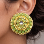 Viva Jewels Regal Olive Green Kundan Studs – Handcrafted Gold-Plated Oversized Floral Chandbali Ear Studs with Pearl Border and Mirror Accent