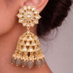 Viva Jewels Regal Gold-Plated Gray Kundan Jhumka Earrings – Intricate Floral Stud with Handcrafted Geometric Cage Jhumka and Gray Bead Drops