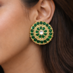 Viva Jewels Regal Gold-Plated Green Designer Stud Earrings – Majestic Circular Mandala Oversized Studs with Kundan Centerpiece and Textured Gold Detailing