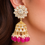 Viva Jewels Royal Rani Pink Kundan Jhumkas – Handcrafted Gold-Plated Floral Studs with Geometric Lattice Dome and Hot Pink Drop Accents