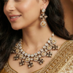Viva Jewels Regal Gold-Plated Statement Kundan Necklace Set – Grand Floral Choker with Champagne and Smoked Topaz Accents and Matching Drop Earrings