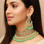 Viva Jewels Regal Sea-Green & Gold Kundan Choker Set – Premium Brass-Based Handcrafted Necklace with Mint Droplets and Matching Statement Earrings