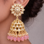 Viva Jewels Enchanted Blush Kundan Jhumkas – Handcrafted Gold-Plated Floral Studs with Geometric Lattice Dome and Pastel Pink Drop Accents