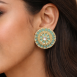 Viva Jewels Regal Olive Green Kundan Studs – Premium Gold-Plated Circular Statement Earrings with Mint-Olive Stones and Pearl Border