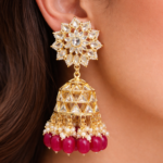 Viva Jewels Regal Crimson Kundan Jhumkas – Handcrafted Gold-Plated Floral Studs with Traditional Dome and Deep Red Bead Drops