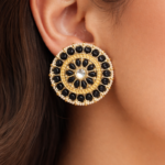 Viva Jewels Onyx-Black Radiant Sunburst Studs – Gold-Plated Circular Statement Earrings with Kundan Center and Pearl Border