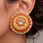 Viva Jewels Vibrant Sunset Orange Kundan Studs – Handcrafted Gold-Plated Oversized Floral Chandbali Ear Studs with Pearl Border and Mirror Accent
