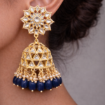 Viva Jewels Royal Azure Kundan Jhumka – 18K Gold-Plated Floral Polki Earrings with Navy Blue Bead Fringe and Micro-Pearl Detailing
