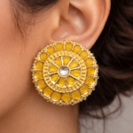 Viva Jewels Sun-Kissed Yellow Kundan Studs – Handcrafted Gold-Plated Oversized Floral Chandbali Ear Studs with Pearl Border and Mirror Accent