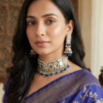Viva Jewels Royal Azure Kundan Choker Set – Premium Mirror-Work Choker with Matching Jhumka Earrings and Deep Blue Bead Droplets