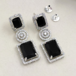 Silver Plated Elegant Designer CZ Black Sapphire Earrings