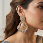 Viva Jewels Majestic Slate Chandbalis – Designer Gold-Plated Kundan Earrings with Central Jhumka Drop and Misty Grey Bead Fringe