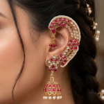 Viva Jewels Regal Crimson Bloom Ear-Cuff – Gold-Plated Full-Ear Crawler with Radiant Ruby-Red Floral Motifs, Polki Accents, and Pearl-Fringed Jhumka