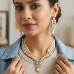 Viva Jewels Royal Clear Kundan & Pearl Necklace Set – Gold-Plated 4-Strand Pearl Necklace with Cascading Kundan Fringe and Matching Maang Tikka & Drop Earrings