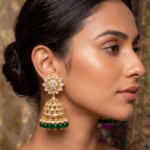 Viva Jewels Traditional Gold-Plated Emerald Green Jhumka Earrings – Grand Kundan Floral Stud with Intricate Lattice Dome and Crystal Bead Drops