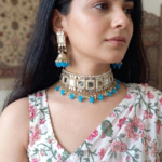 Viva Jewels Regal Gold-Plated Choker Set – Traditional Mirror-Work (Mirror) Necklace with Sky Blue Beads and Matching Jhumka Earrings